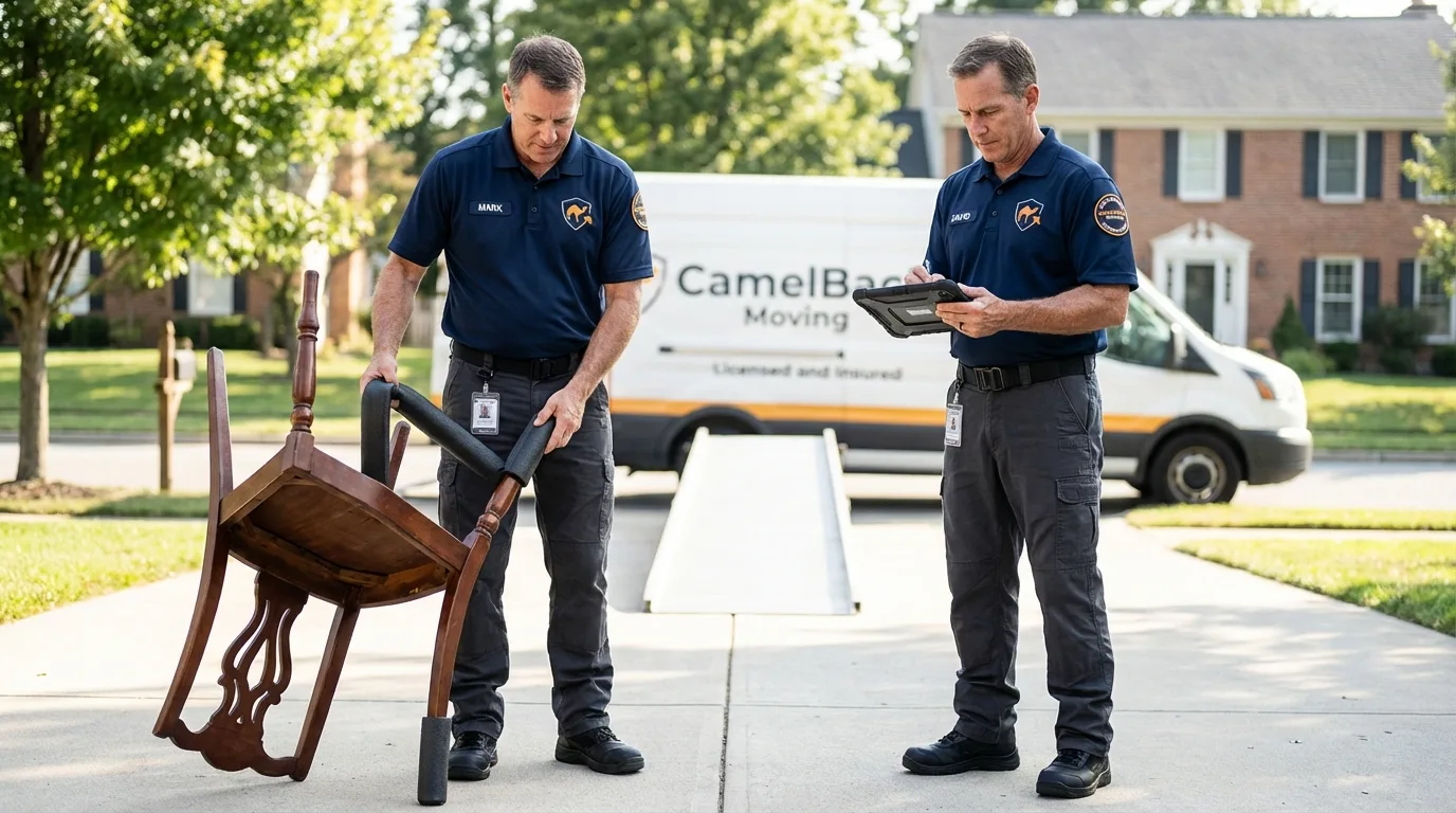 Movers inspecting furniture for damage prevention before loading in Parkesburg, PA