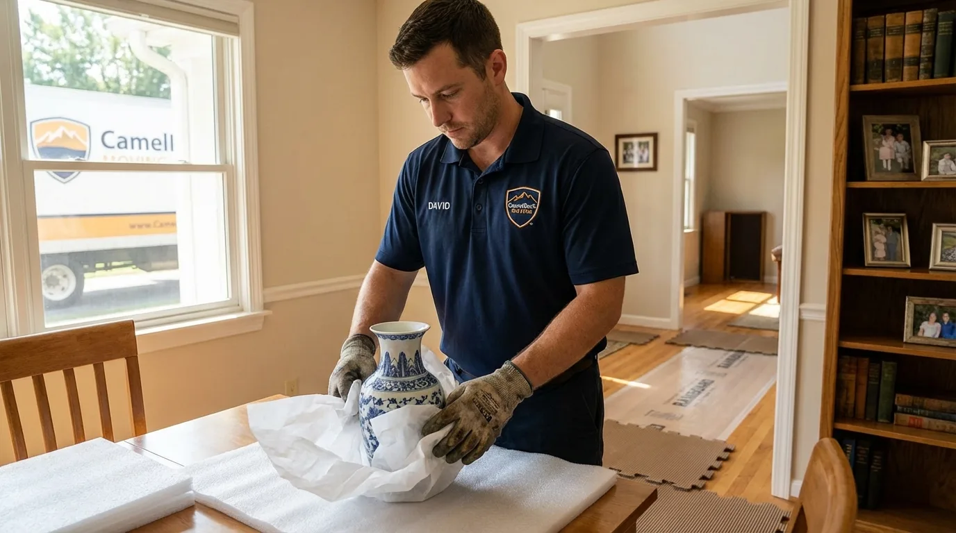 Professional crew carefully wrapping antique vase for senior downsizing move in Parkesburg, PA